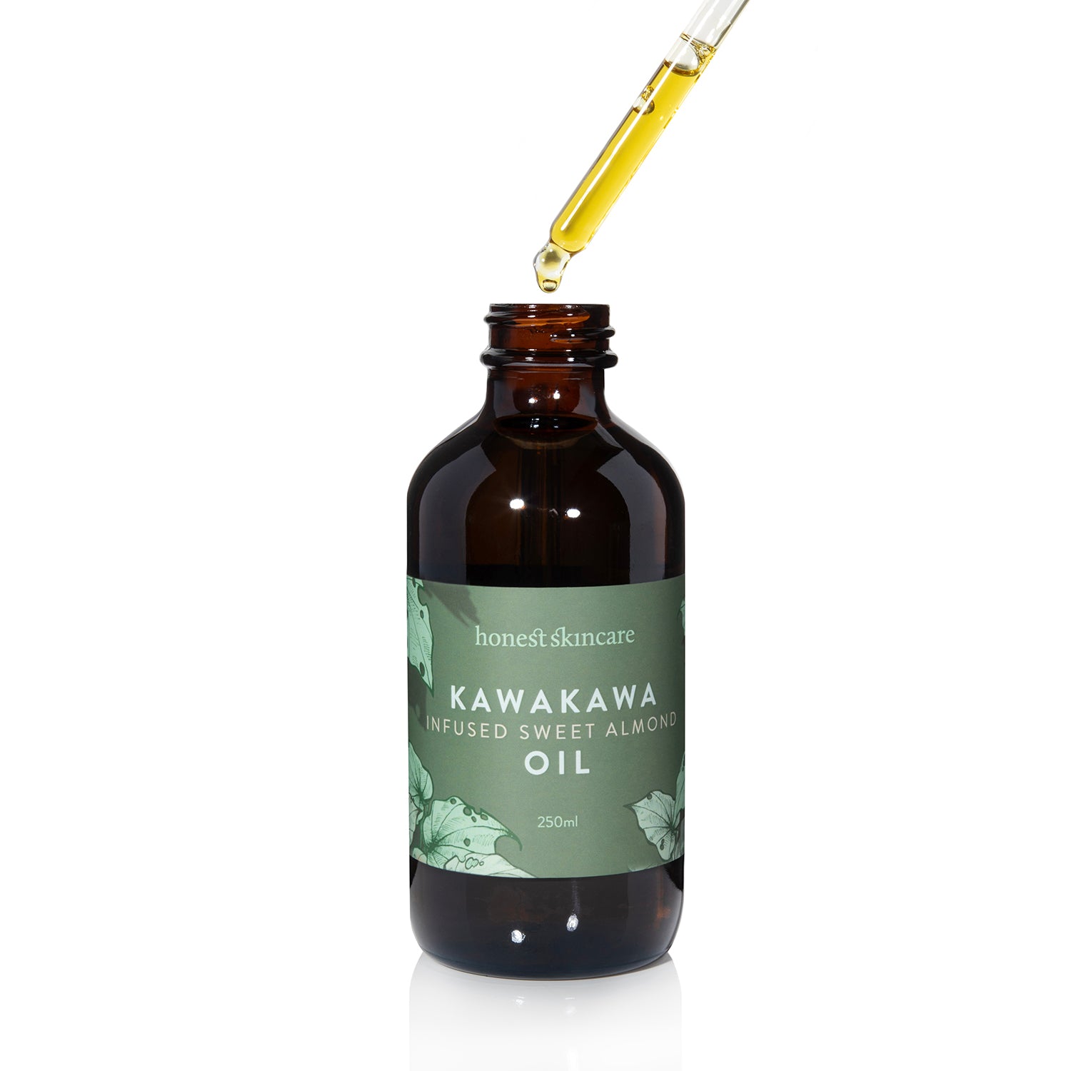 Bottle of Kawakawa Infused Sweet Almond Oil with a dropper on a white background
