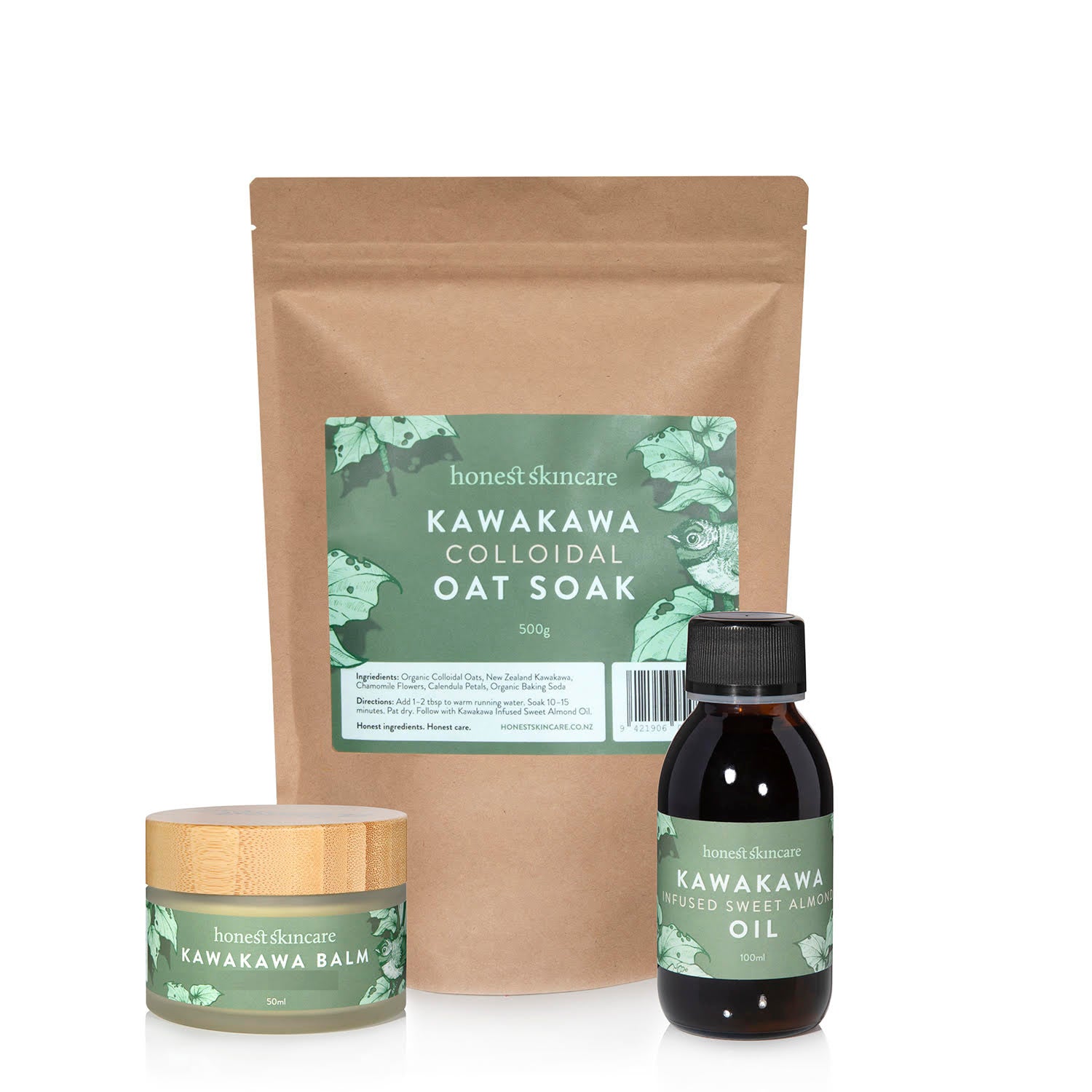 Kawakawa Balm Healing Gift Set featuring Kawakawa Balm, Colloidal Oat Soak, and Infused Sweet Almond Oil.