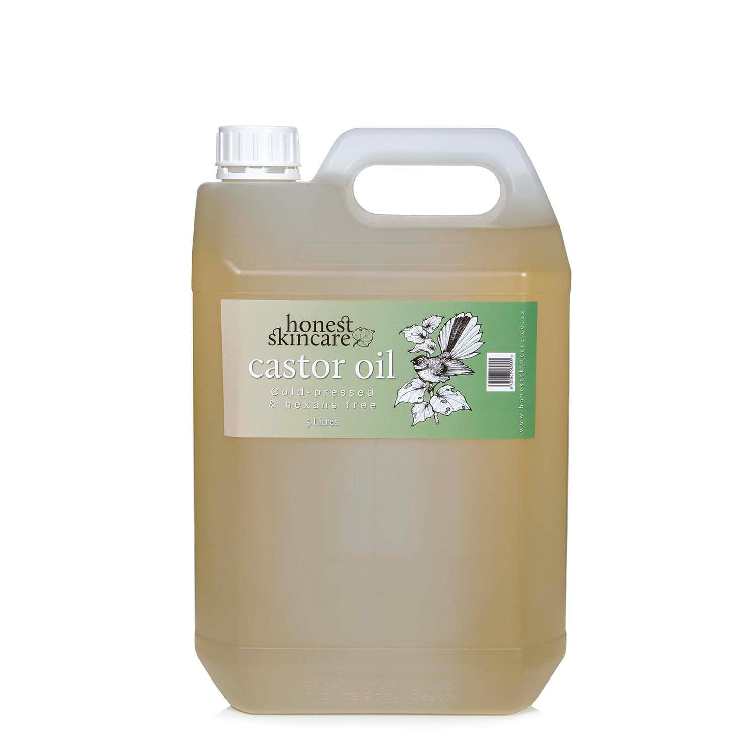Large five litre container of castor oil with 'honest skincare' label on a white background