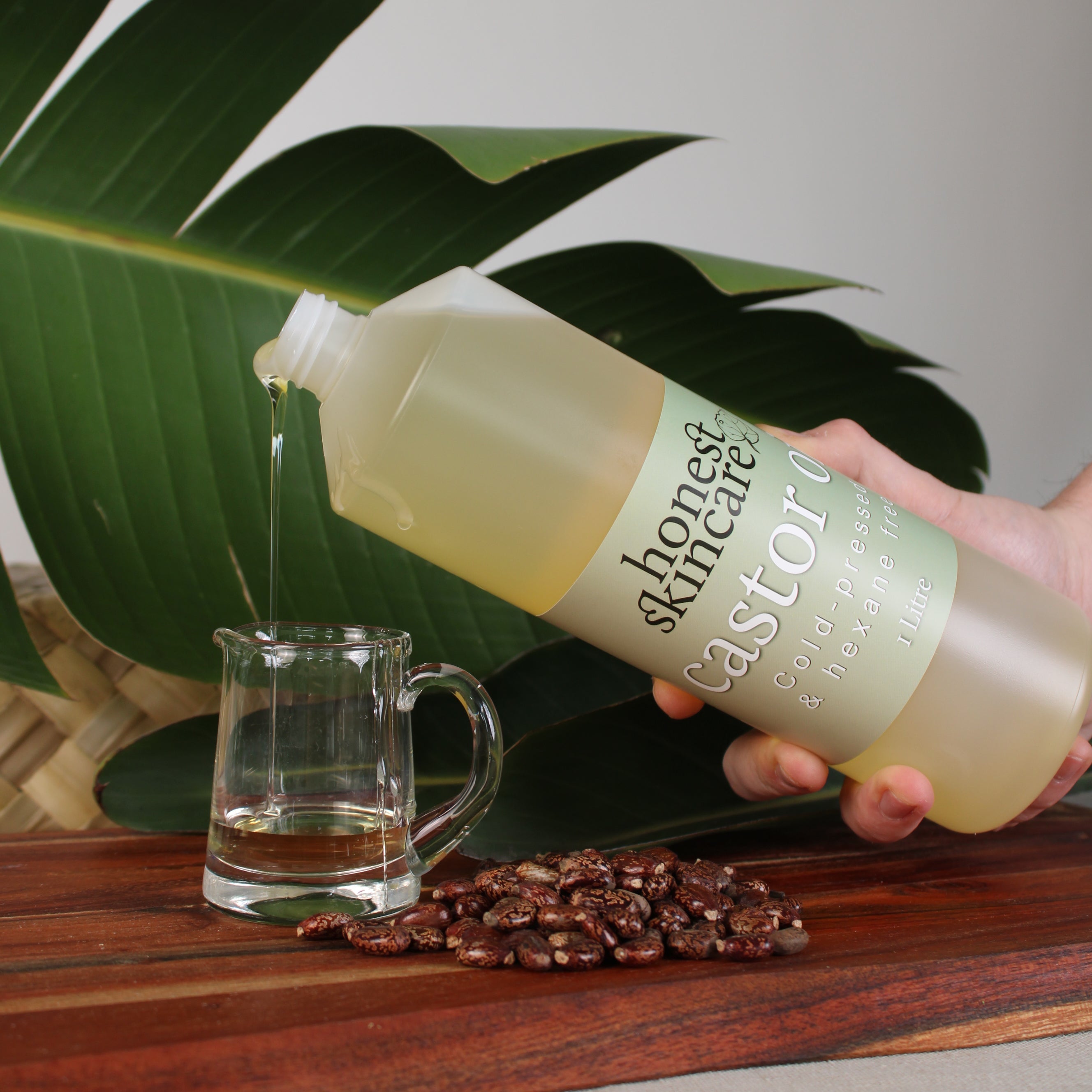 Bottle of 'honest skincare' castor oil held by a hand with a plant in the 1 litre background