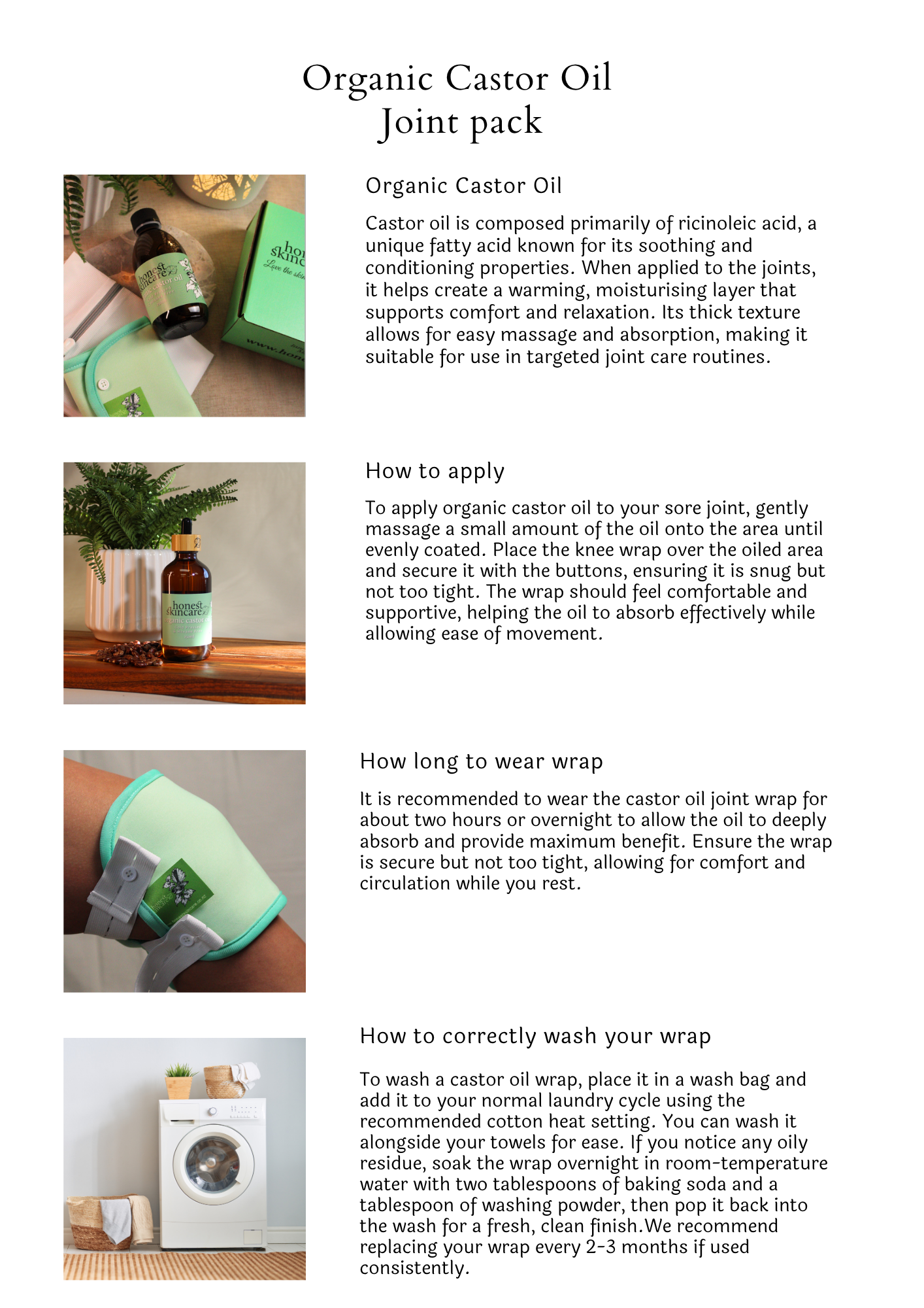 Product information sheet for honest skincare Organic Castor Oil Joint pack with images and text.