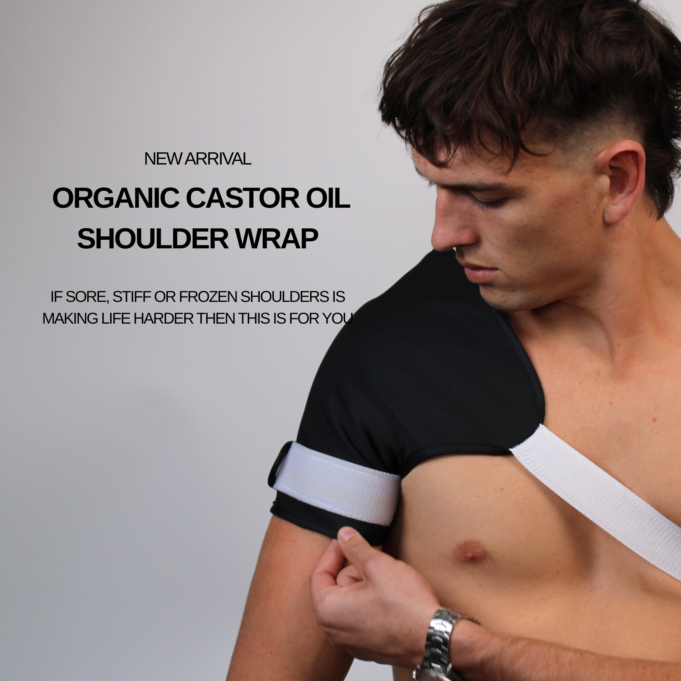 Man wearing an organic castor oil shoulder wrap with promotional text on a gray background