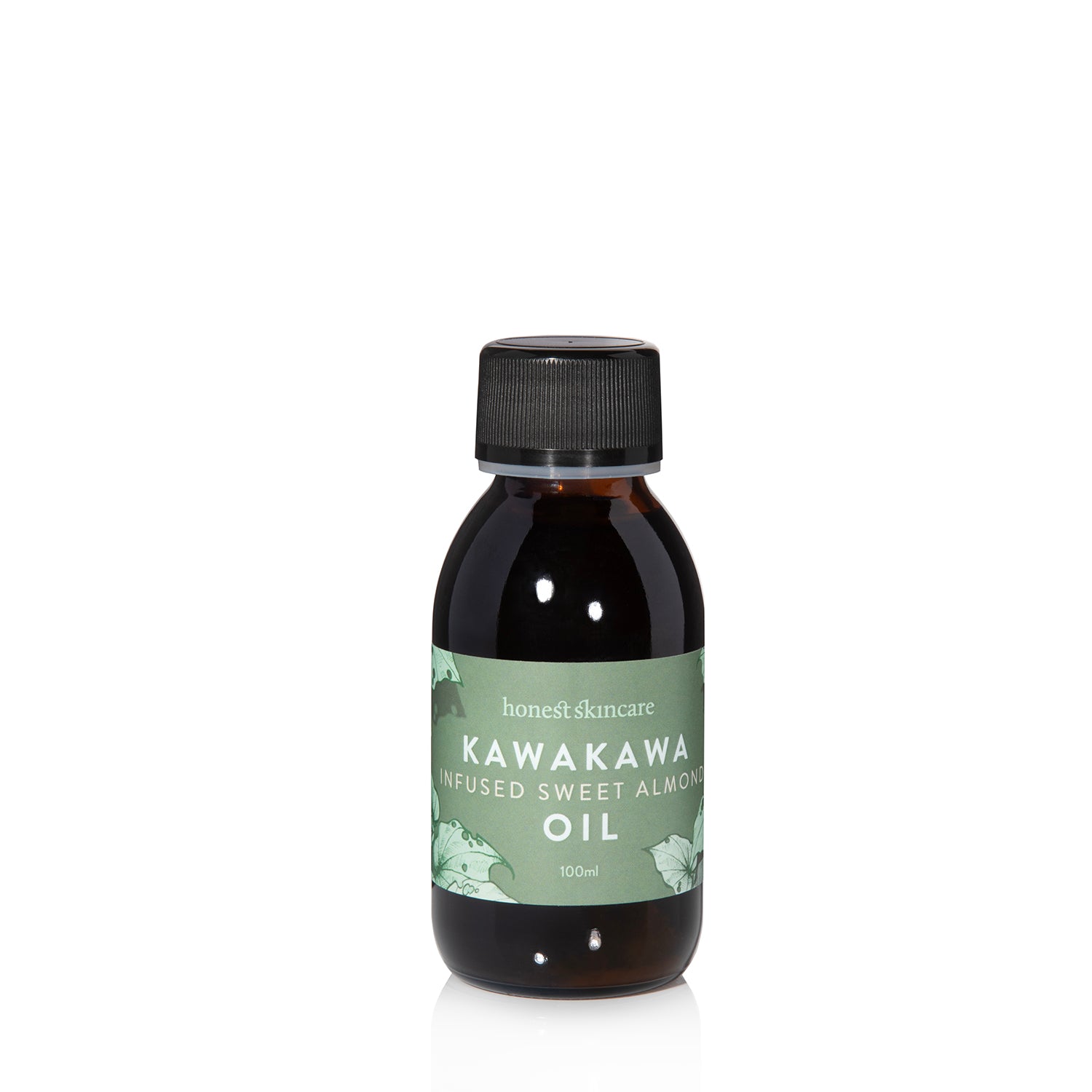 Bottle of Kawakawa Infused Sweet Almond Oil with a green label on a white background