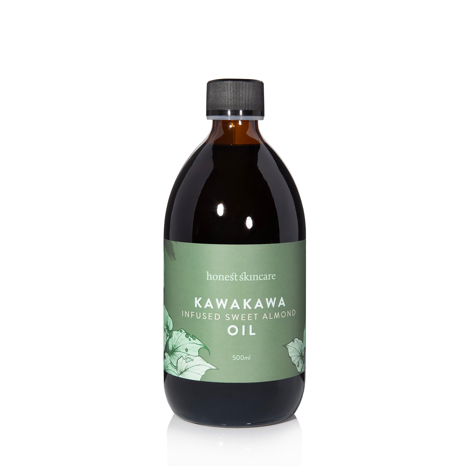 Bottle of Kawakawa Infused Almond Oil with a green label on a white background