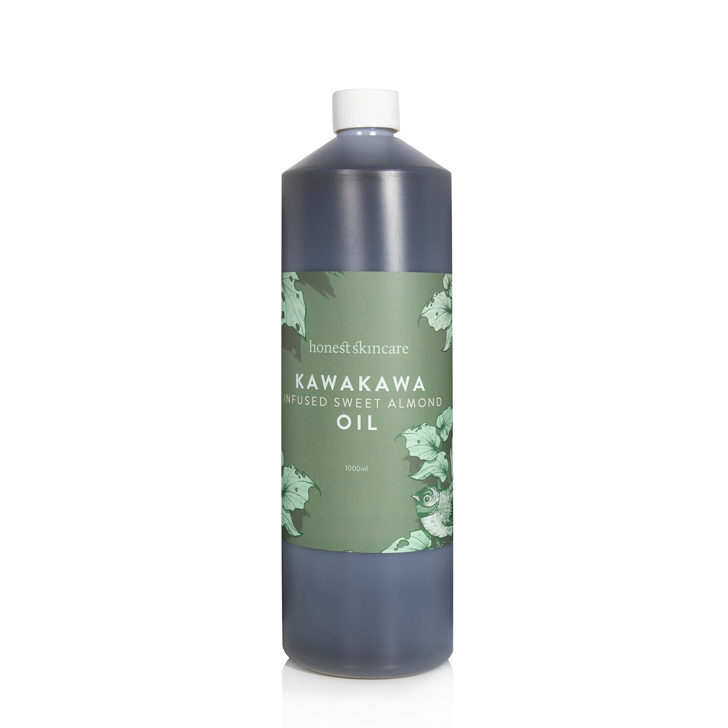 Bottle of Kawakawa infused sweet almond oil with a green label on a white background