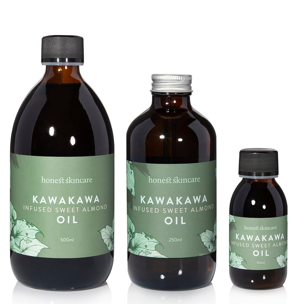 Sweet almond oil for skin in various bottle sizes, featuring Kawakawa infusion for soothing skin benefits.