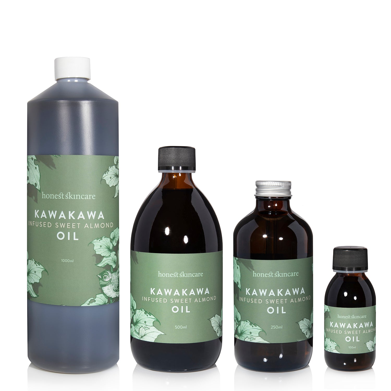 Set of Kawakawa infused sweet almond oil bottles from honest skincare on a white background