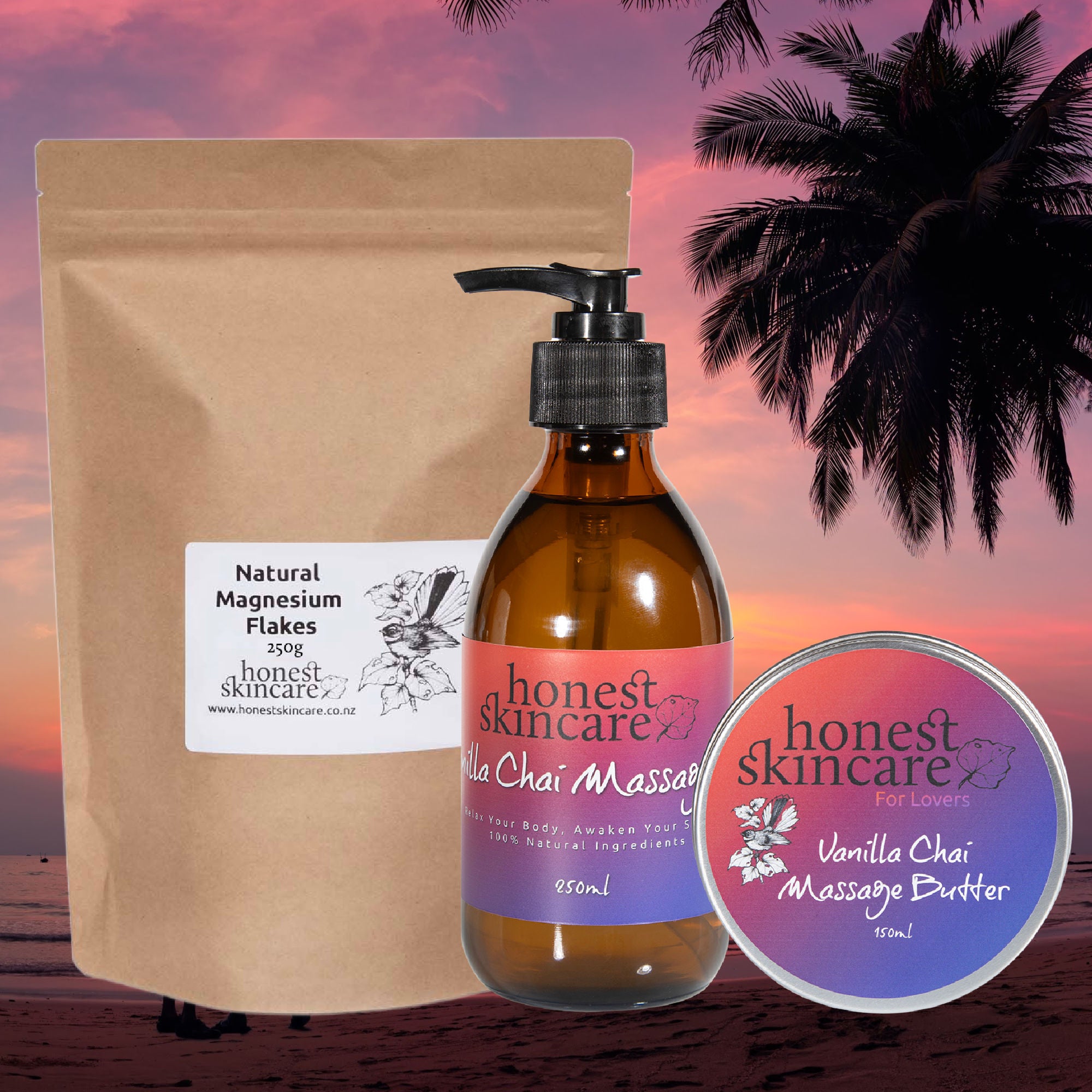 Includes 250g magnesium bath salts to relax and de-stress, 250ml vanilla chai massage oil and lovers massage butter. A wonderful way to relax and reconnect with your lover.