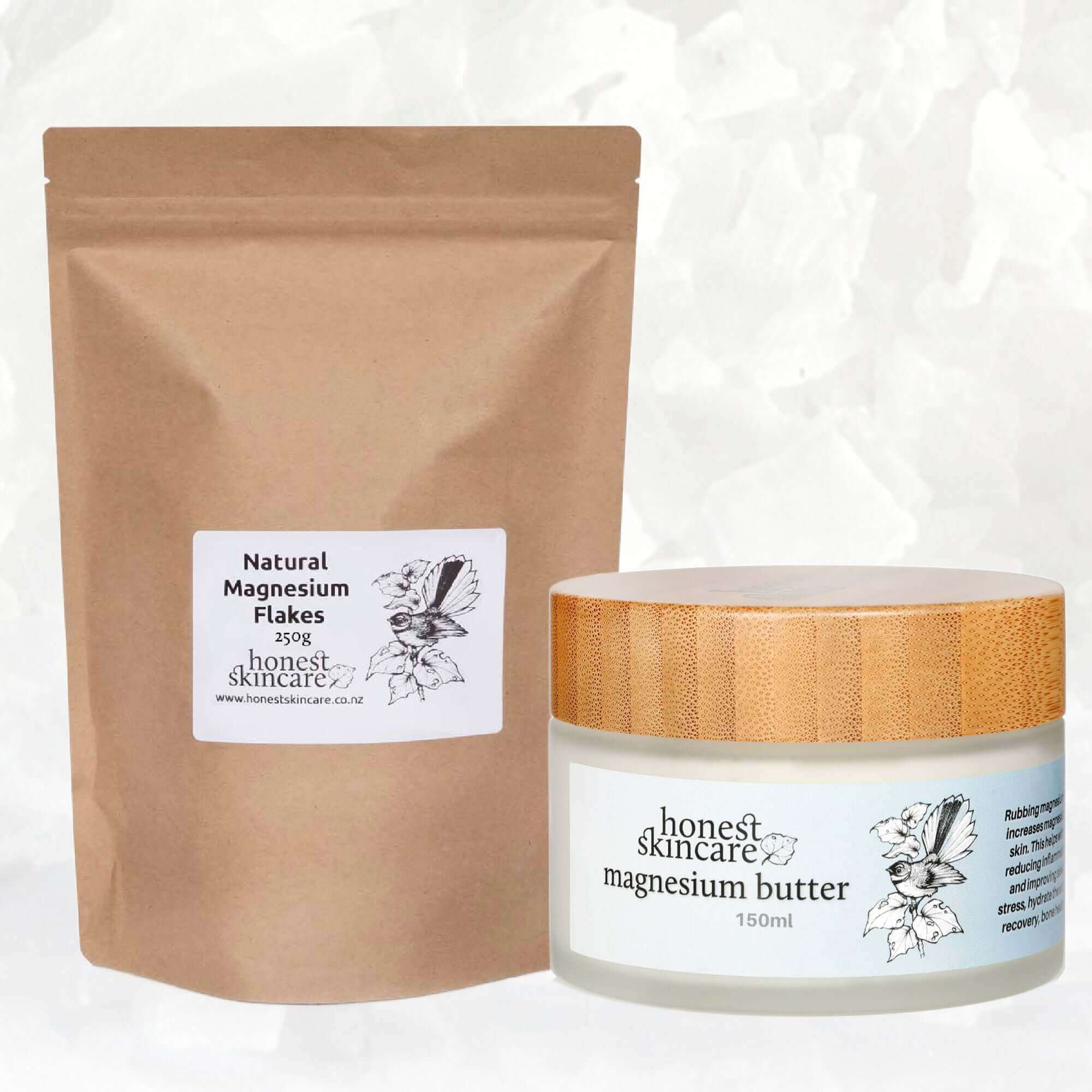 Honest Skincare magnesium flakes 250g and magnesium butter 150ml on a white background