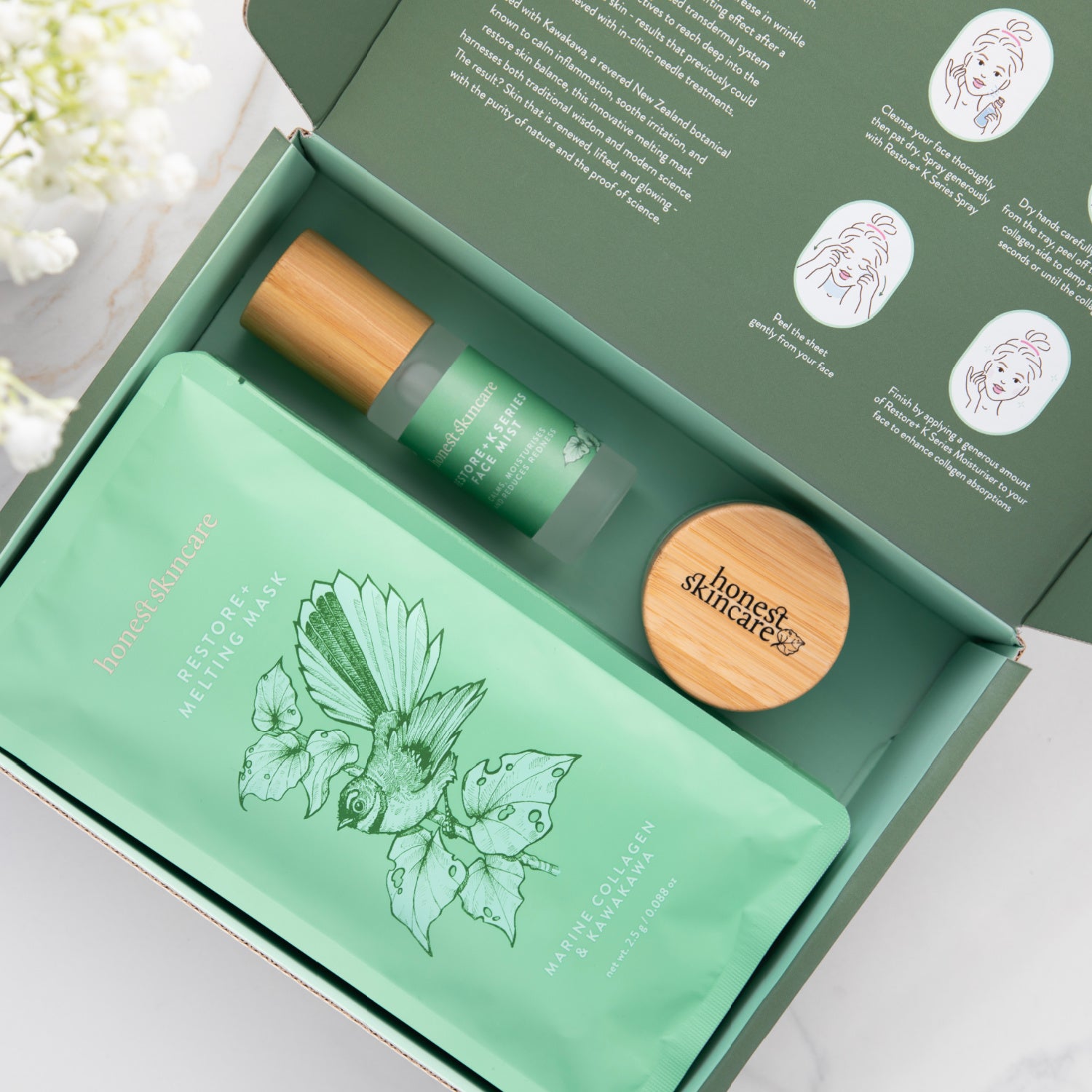 Marine collagen melting mask korean skincare product set with wooden cap and 'honest skincare' branding, displayed in an open green box.