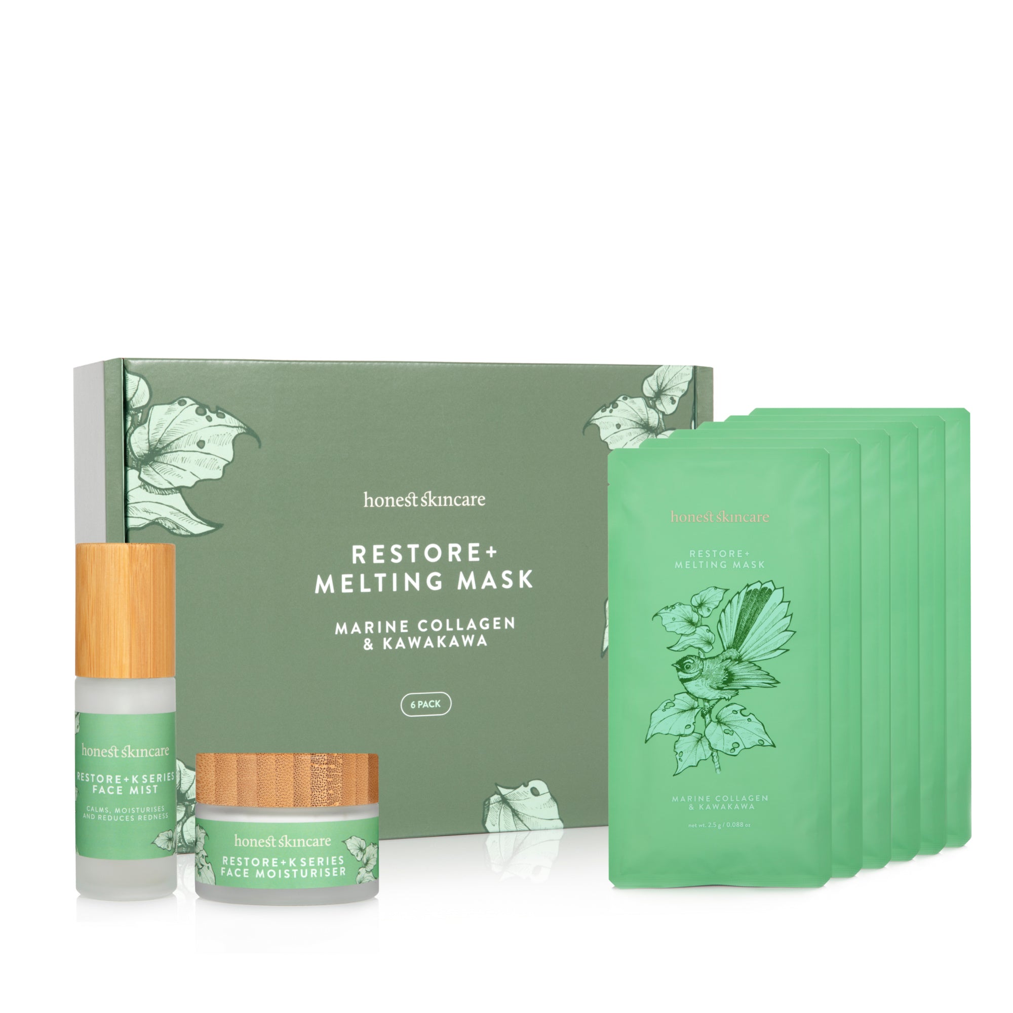 Honest skinCare skincare products including a mask, cream, and box on a white background Marine collagen melting mask korean skincare