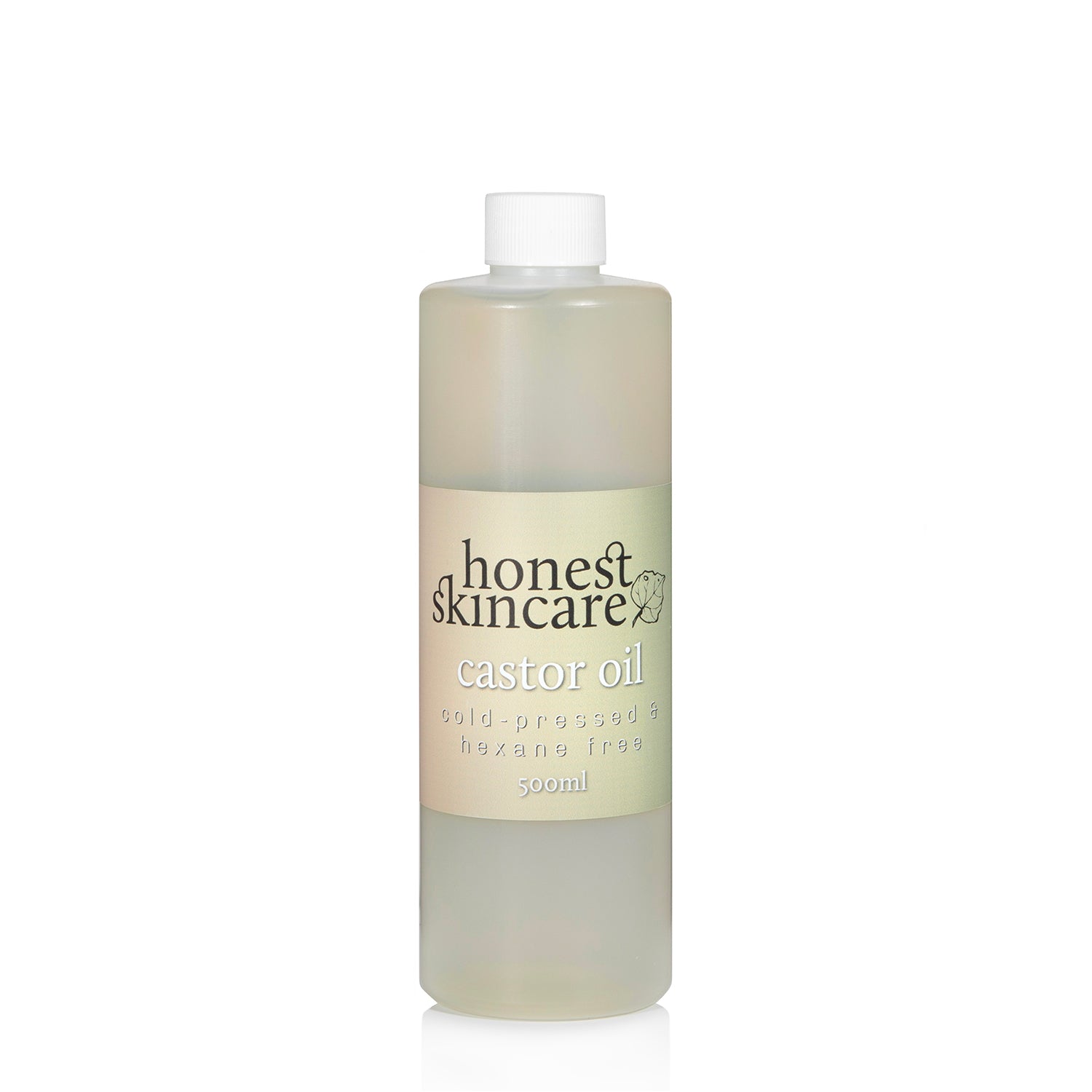 Bottle of 'honest skincare castor oil 500ml' castor oil on a white background