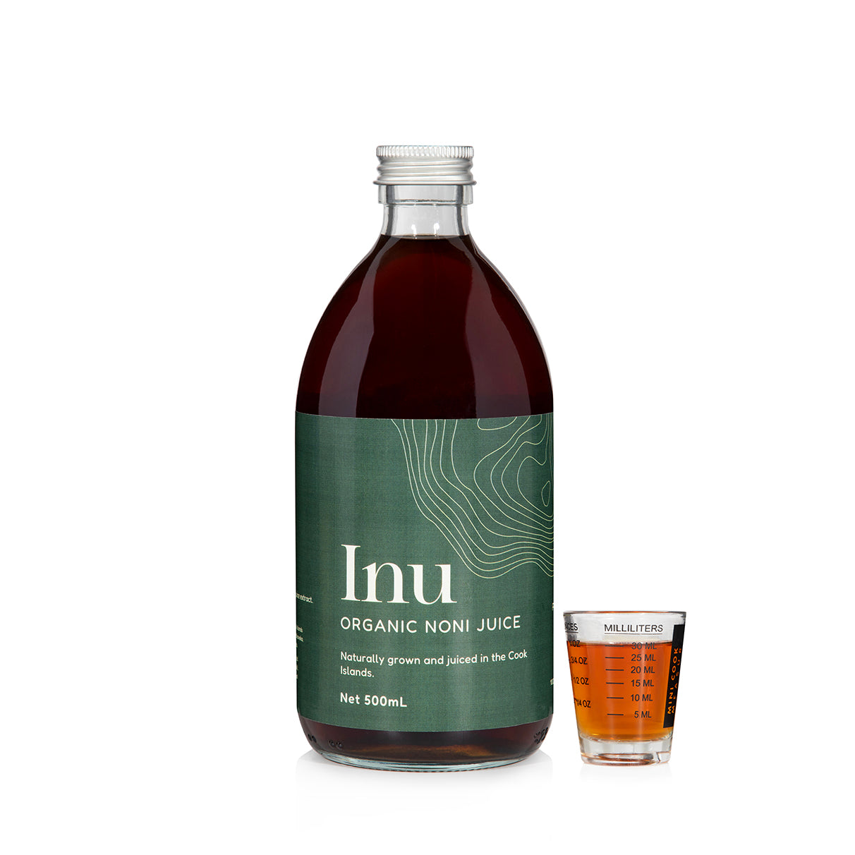 Bottle of Inu Organic Noni Juice with a glass containing the juice on a white background
