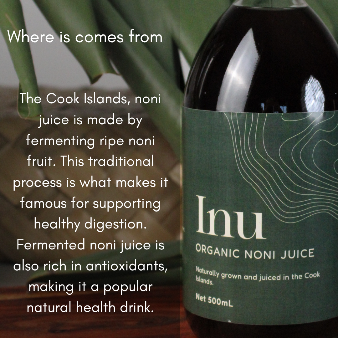organic noni juice - inu - 500ml labeled 'honest skincare' against a blurred green leaf background